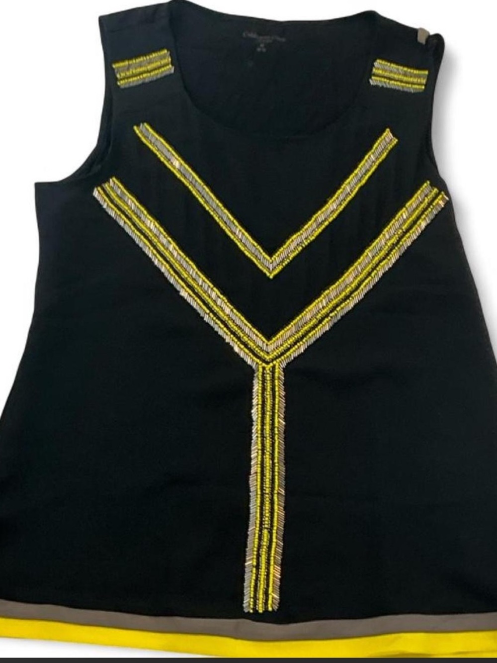 Coldwater Creek- Black Sleeveless Beaded Chevron Top - Yellow Detail